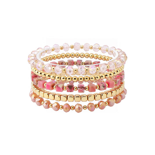 Set of 5 Gold, Pink Natural Stone and Crystal Stretch Bracelet Set