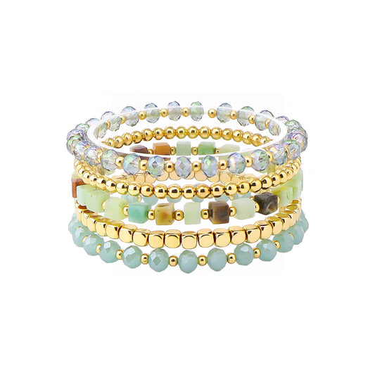 Set of 5 Gold, Amazonite Natural Stone and Crystal Stretch Bracelet Set