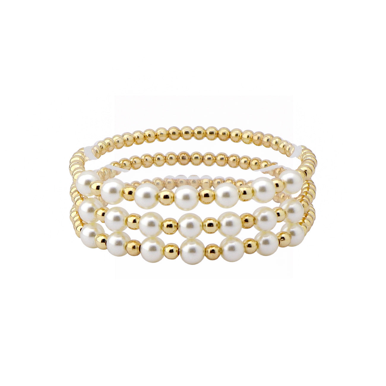 Gold Beaded with Pearls Set of 3 Stretch Bracelets