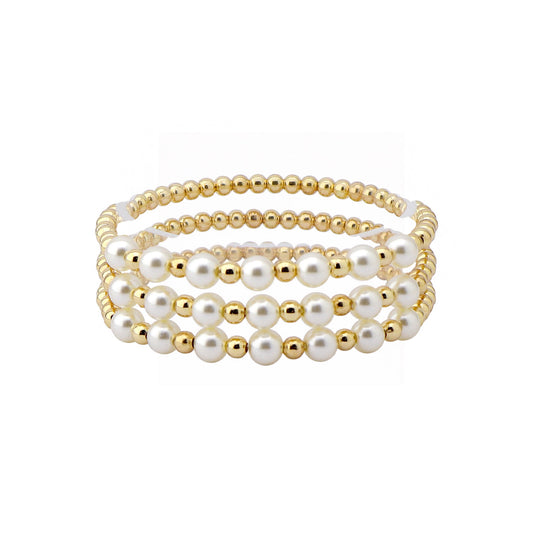 Gold Beaded with Pearls Set of 3 Stretch Bracelets