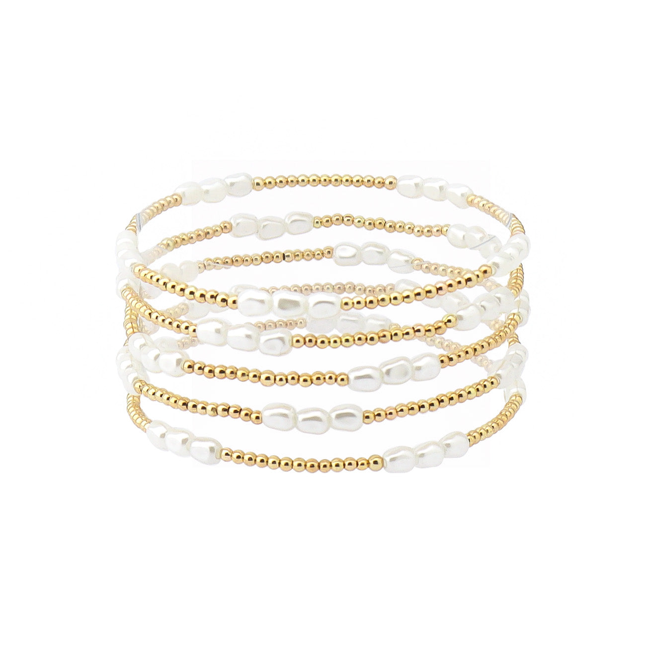 Gold Small Beaded with Pearl Cluster Set of 5 Stretch Bracelets