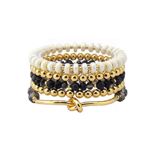 Set of 5 White Natual Stone, Black Crystal, and Gold Stretch Bracelets