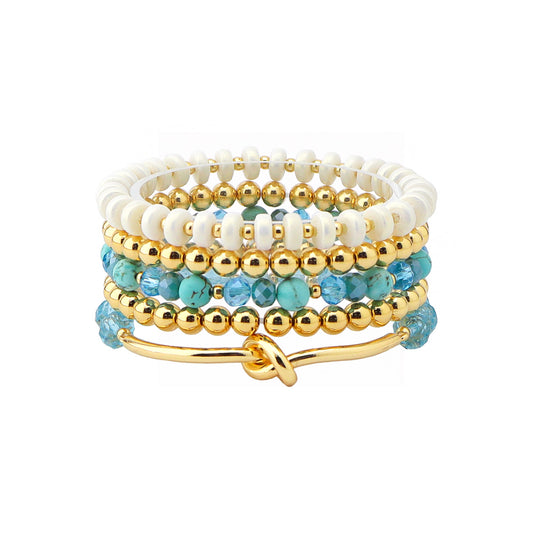 Set of 5 White Natual Stone, Teal Crystal, and Gold Stretch Bracelets