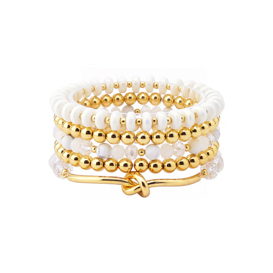 Set of 5 White Natual Stone, White Crystal, and Gold Stretch Bracelets