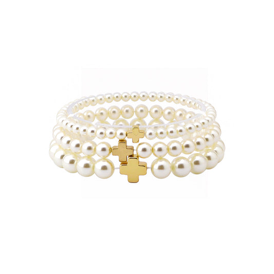 Pearl Beaded Set of 3 Stretch Bracelets with Gold Cross