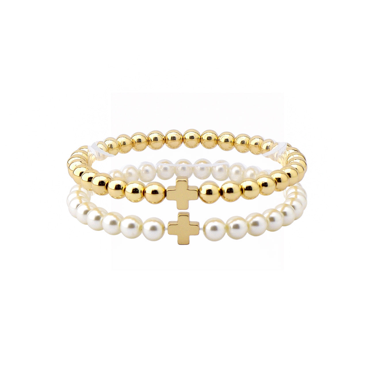 Gold and Pearl Beaded with Cross Set of 2 Stretch Bracelets
