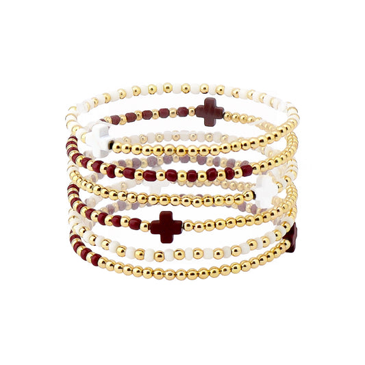 Gameday Set of 6 Maroon and White Beaded Stretch Bracelets, Very Popular!