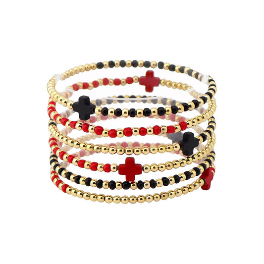 Gameday Set of 6 Red and Black Beaded Stretch Bracelets, Very Popular!