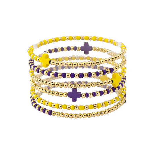 Gameday Set of 6 Yellow and Purple Beaded Stretch Bracelets, Very Popular!