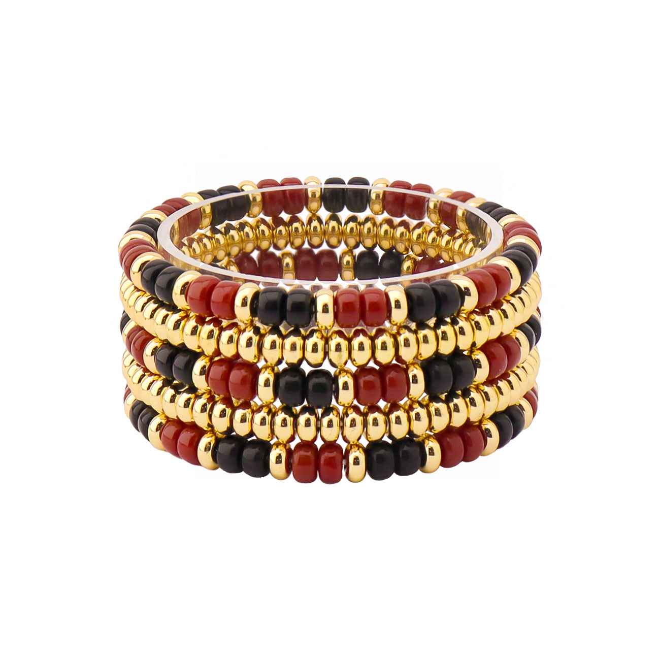 Maroon and Black Beaded with Gold Set of 4 Stretch Bracelets