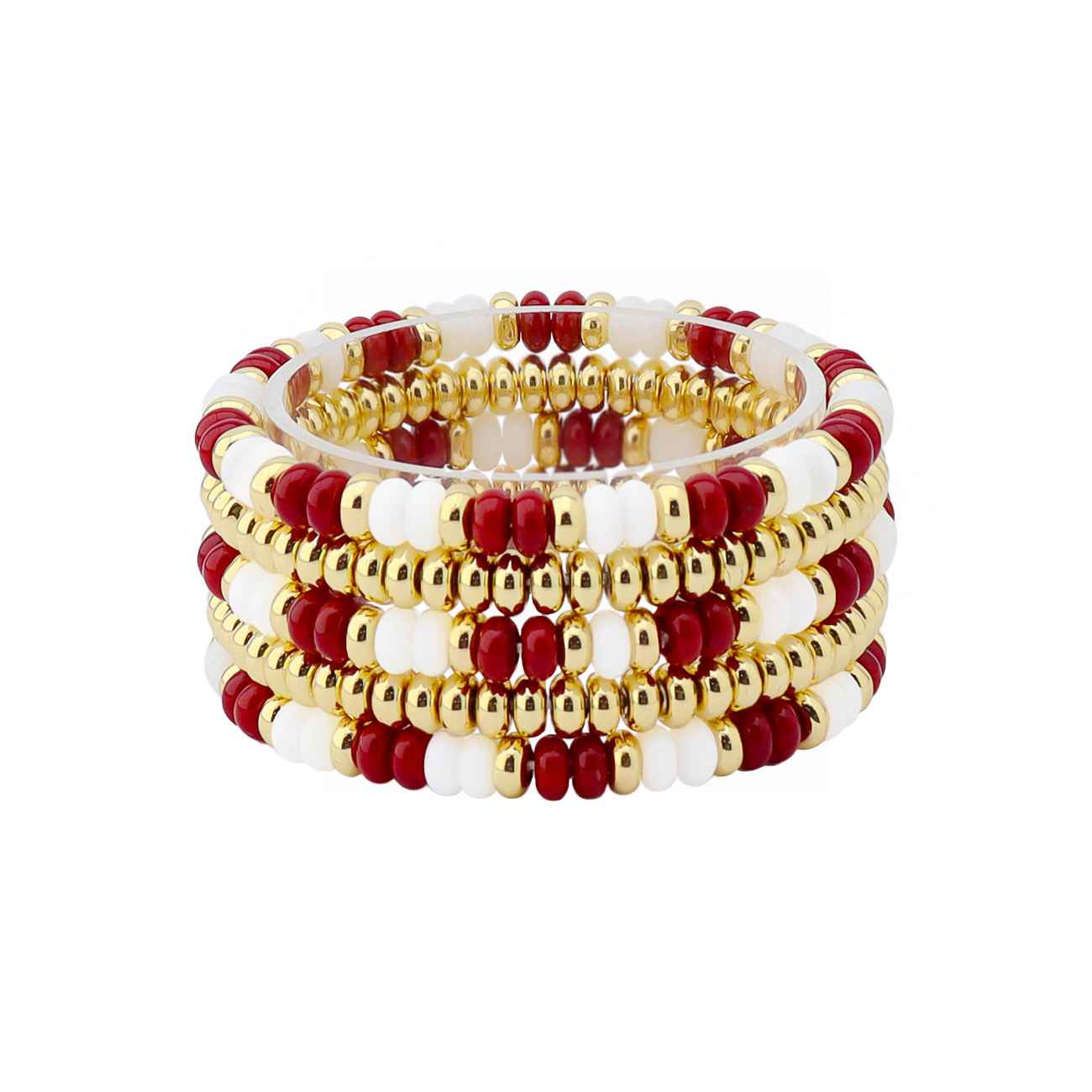 Maroon and White Beaded with Gold Set of 4 Stretch Bracelets
