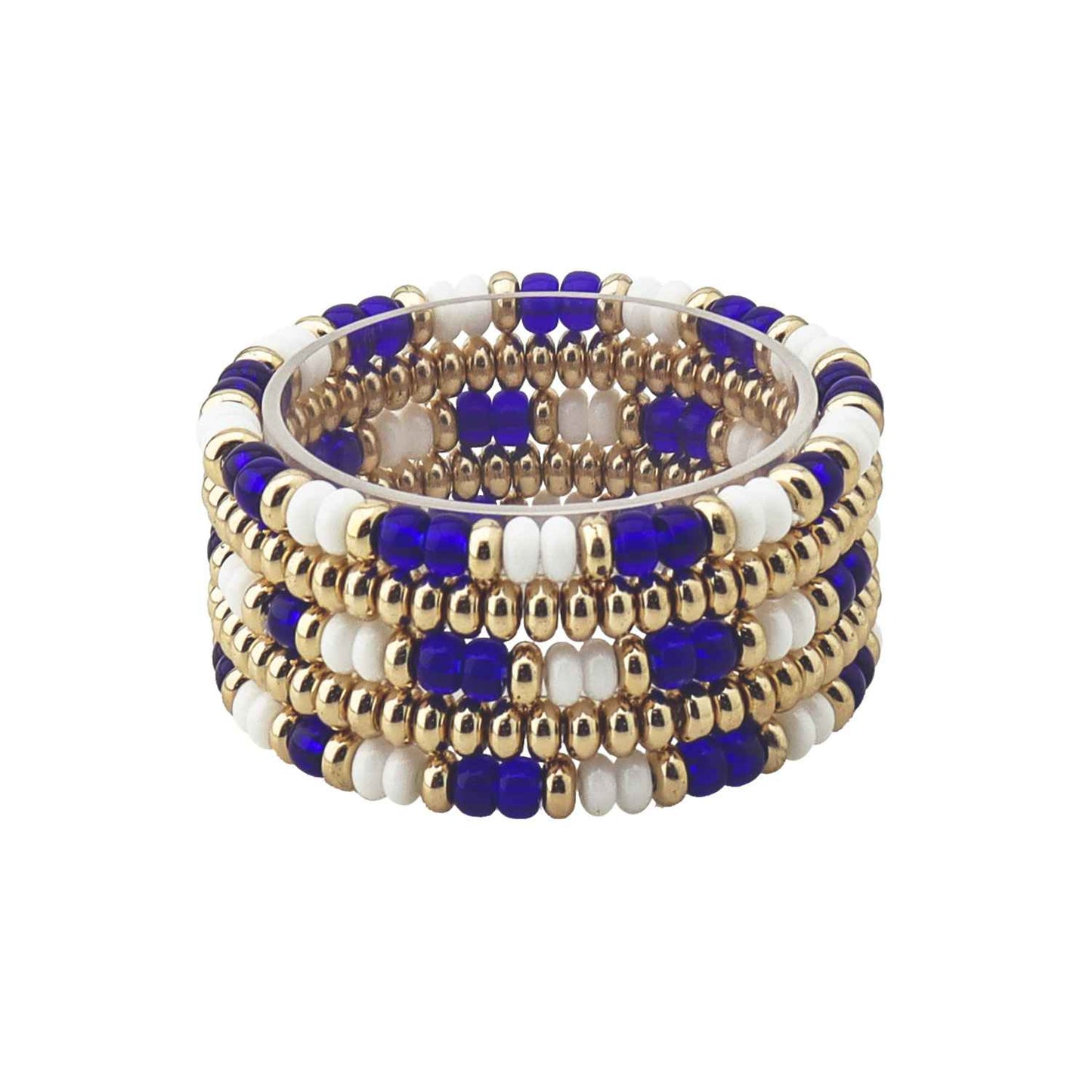Blue and White Beaded with Gold Set of 4 Stretch Bracelets