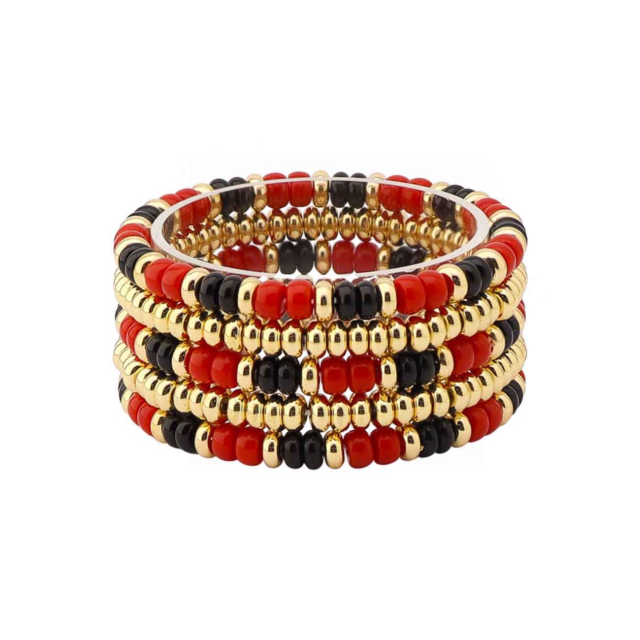 Gameday Red and Black Beaded with Gold Set of 4 Stretch Bracelets