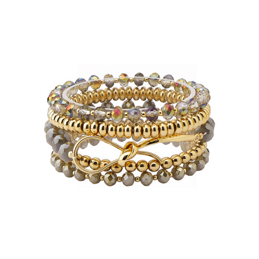 Multi Row Mixed Material Brown Stretch Bracelet Set