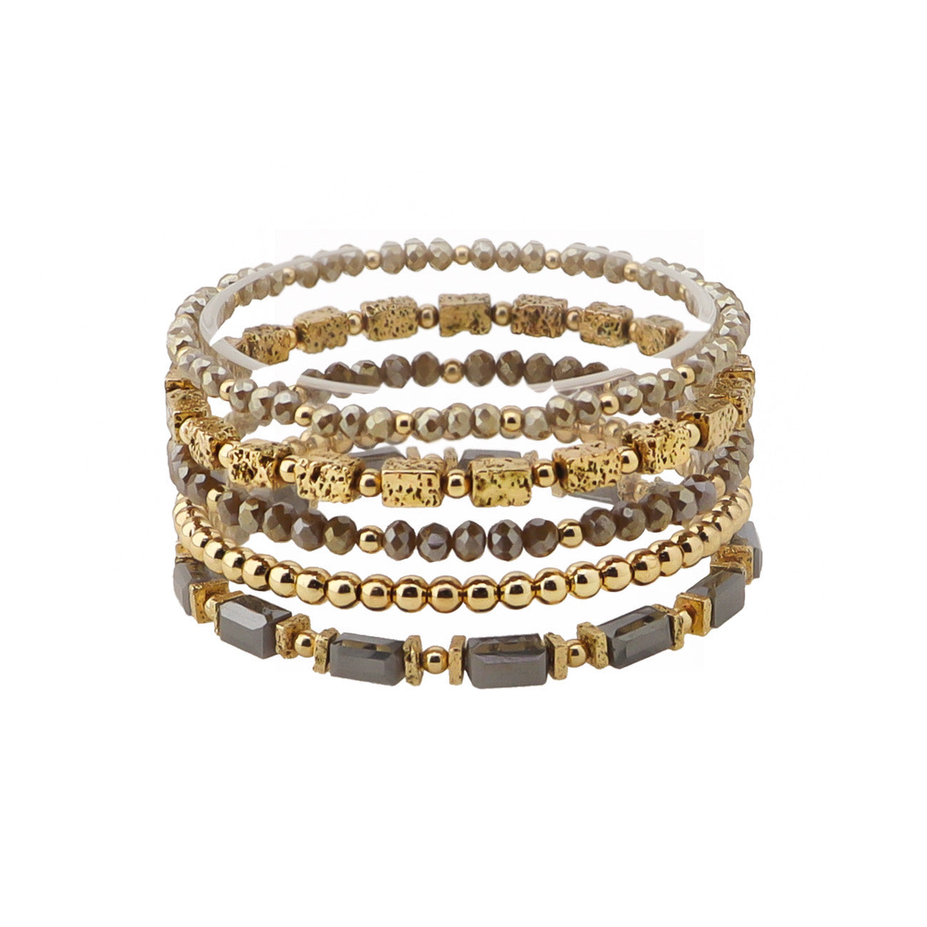 Brown Crystal and Gold Set of 5 Stretch Bracelets