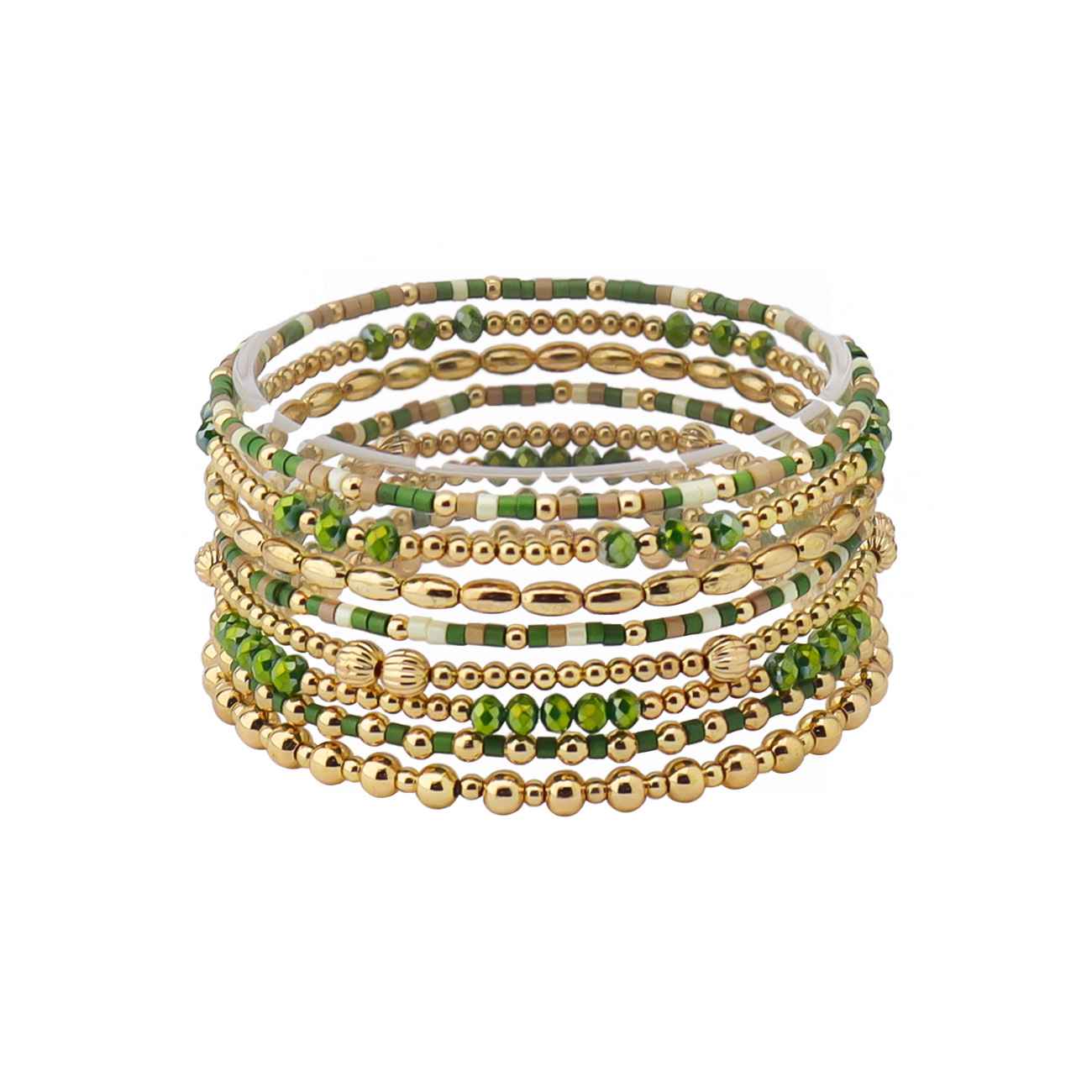 Set of 8 Green Seed Bead & Crystal and Gold Stretch Bracelet
