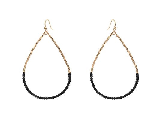 Gold Beaded with Black Crystal 2" Teardrop Earring