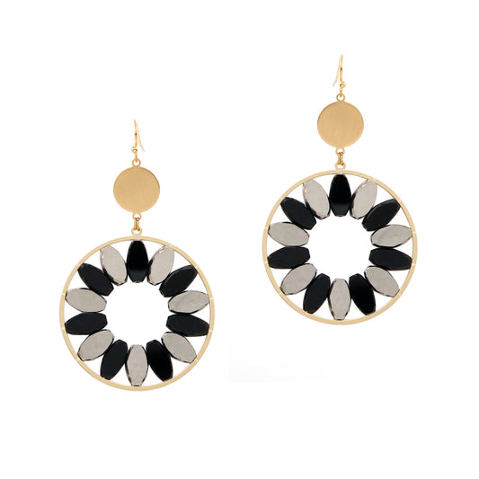 Black and Grey Oval Glass Crystal Circle 1.75" Earring