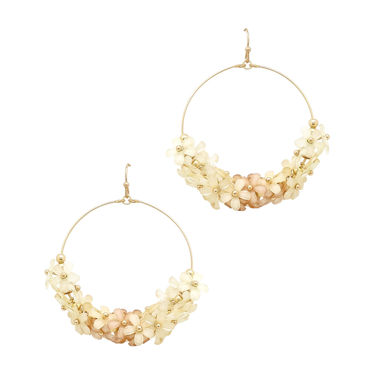 Cream Ombre Flowers on Gold Hoop 2" Earring