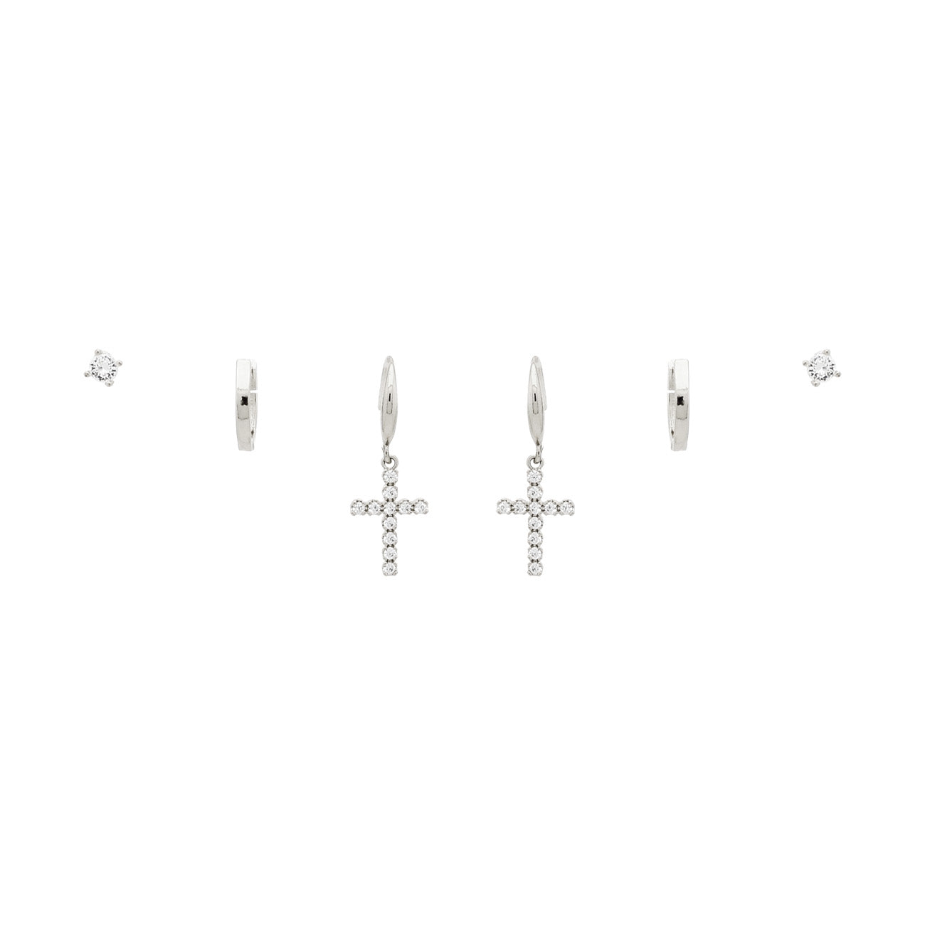 Set of 3 Silver Cross and Stud Earrings