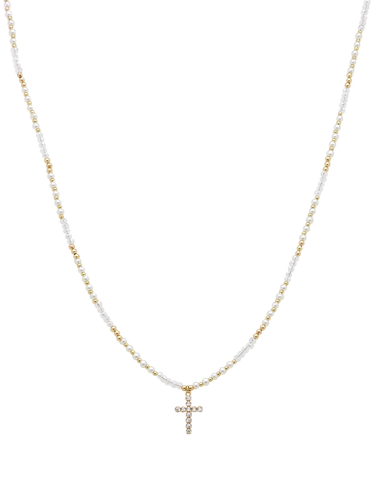 Gold Beaded Chain with Small Rhinestone Cross 16"-18" Necklace