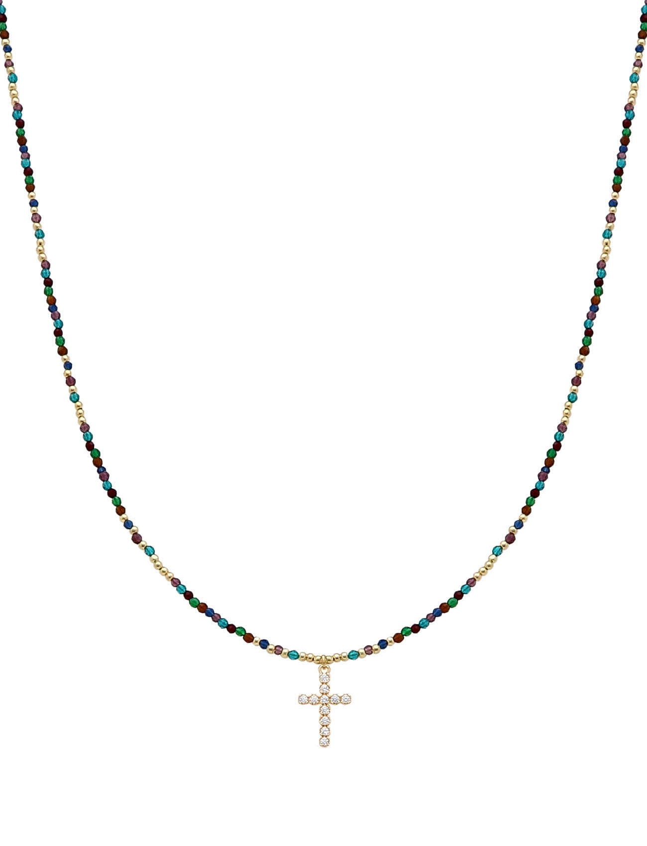 Dark Multi Crystal 16"-18" Necklace with Rhinestone Cross Detail