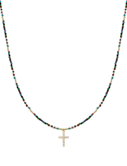 Dark Multi Crystal 16"-18" Necklace with Rhinestone Cross Detail
