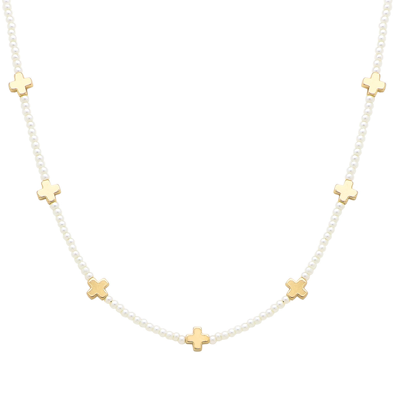 2mm Pearl with Gold Cross 16"-18" Necklace