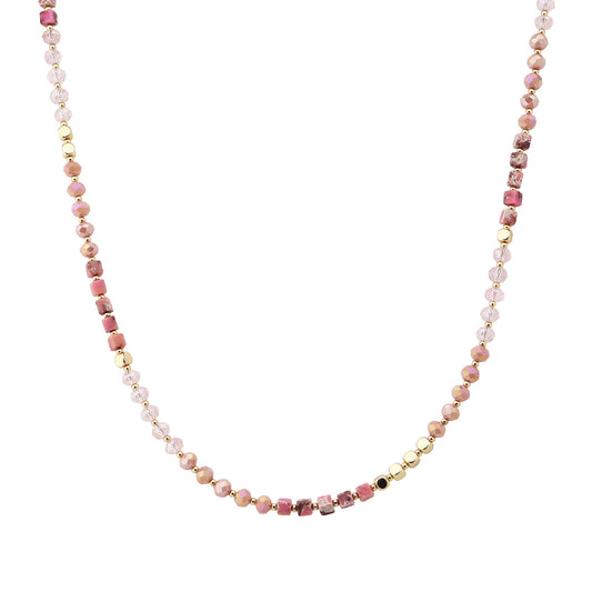 Pink Natural Stone, Crystal and Gold Beaded 16"-18" Necklace