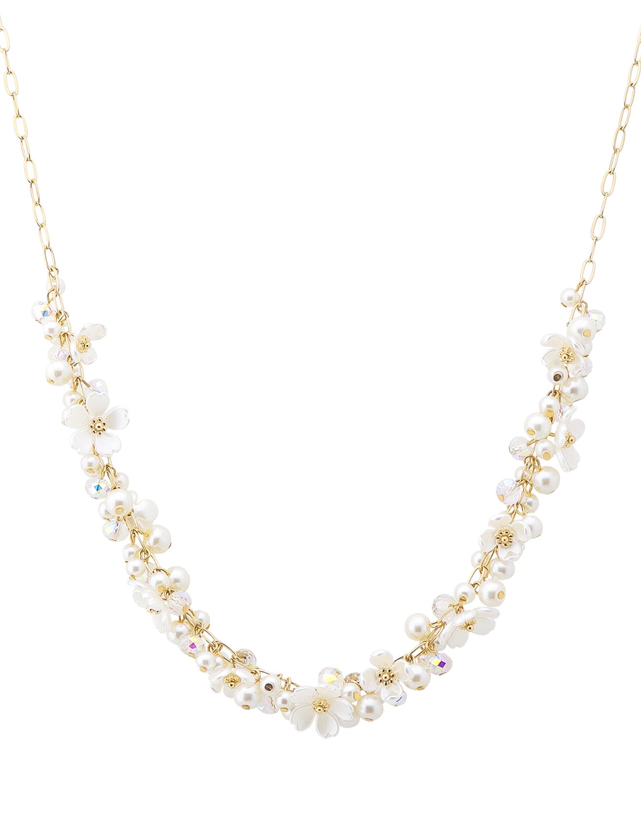 Pearl, Flower, and Crystals on Gold Chain 16"-18" Necklace