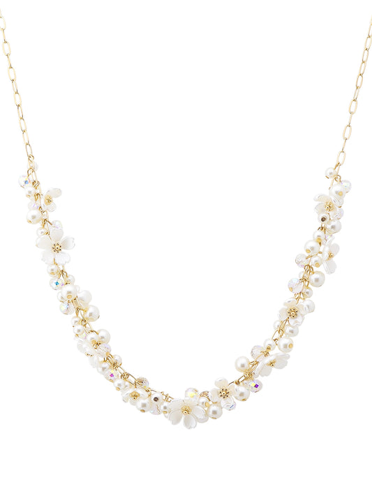 Pearl, Flower, and Crystals on Gold Chain 16"-18" Necklace