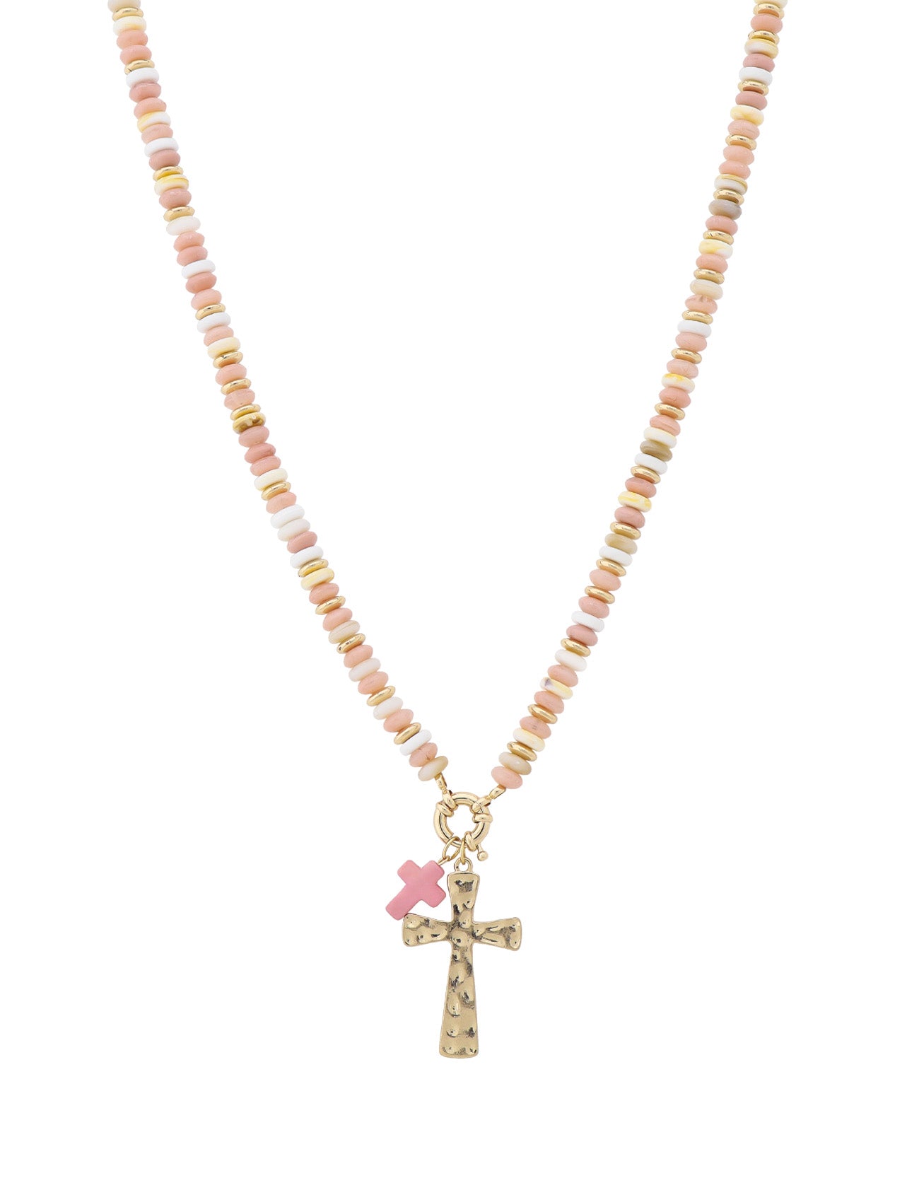 Pink Beaded and Gold with Gold Cross Charm 16"-18" Necklace