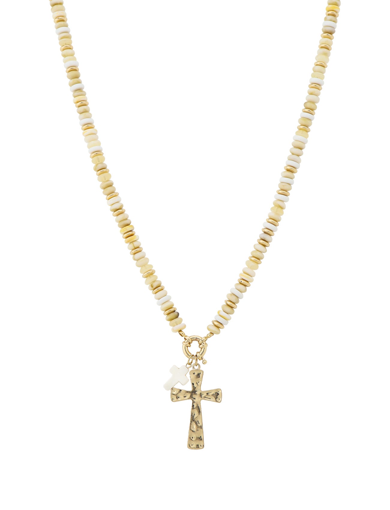 Natural Beaded and Gold with Gold Cross Charm 16"-18" Necklace