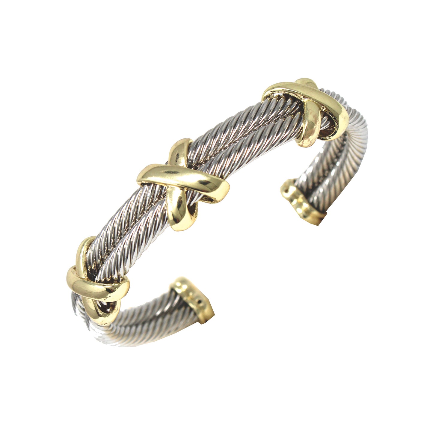 Silver Wired Double Layered with Gold X Accents Cuff Bracelet