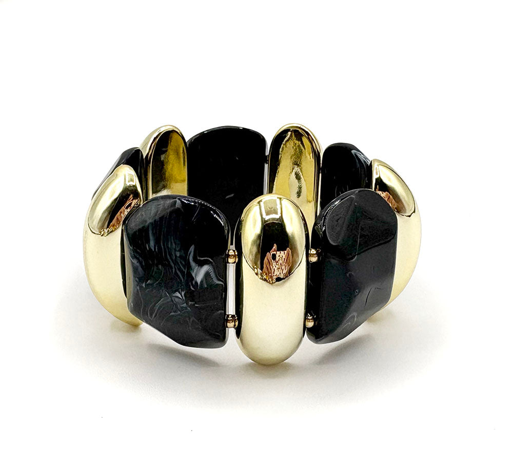 Wide Gold and Black Acrylic Stretch Bracelet