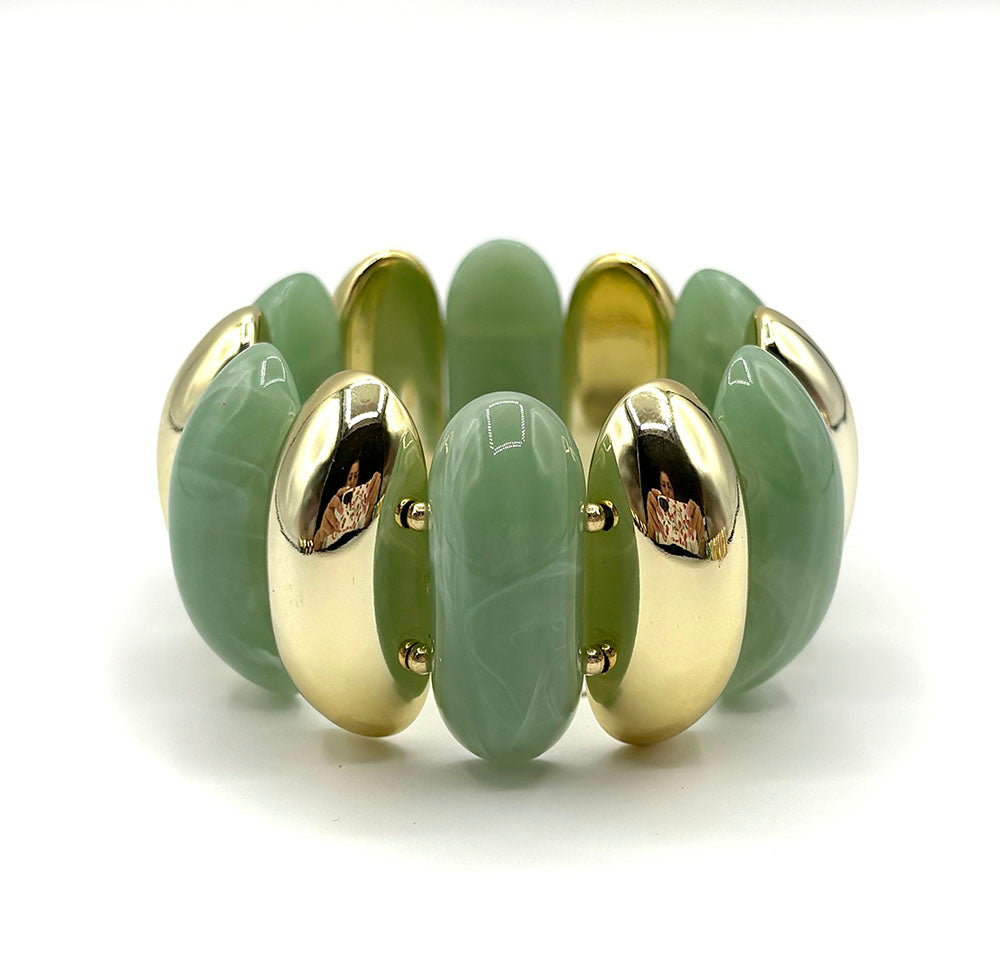 Wide Gold and Green Acrylic Stretch Bracelet