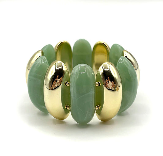 Wide Gold and Green Acrylic Stretch Bracelet