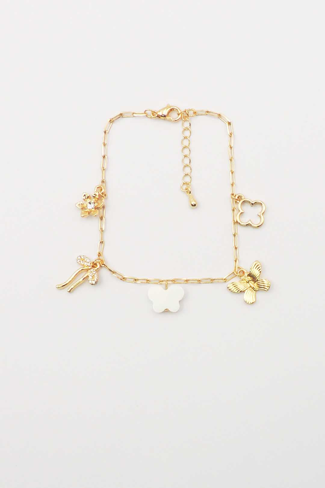 Gold Chain Clover, Bow, Butterfly Charms 7.5" with Extender Bracelet