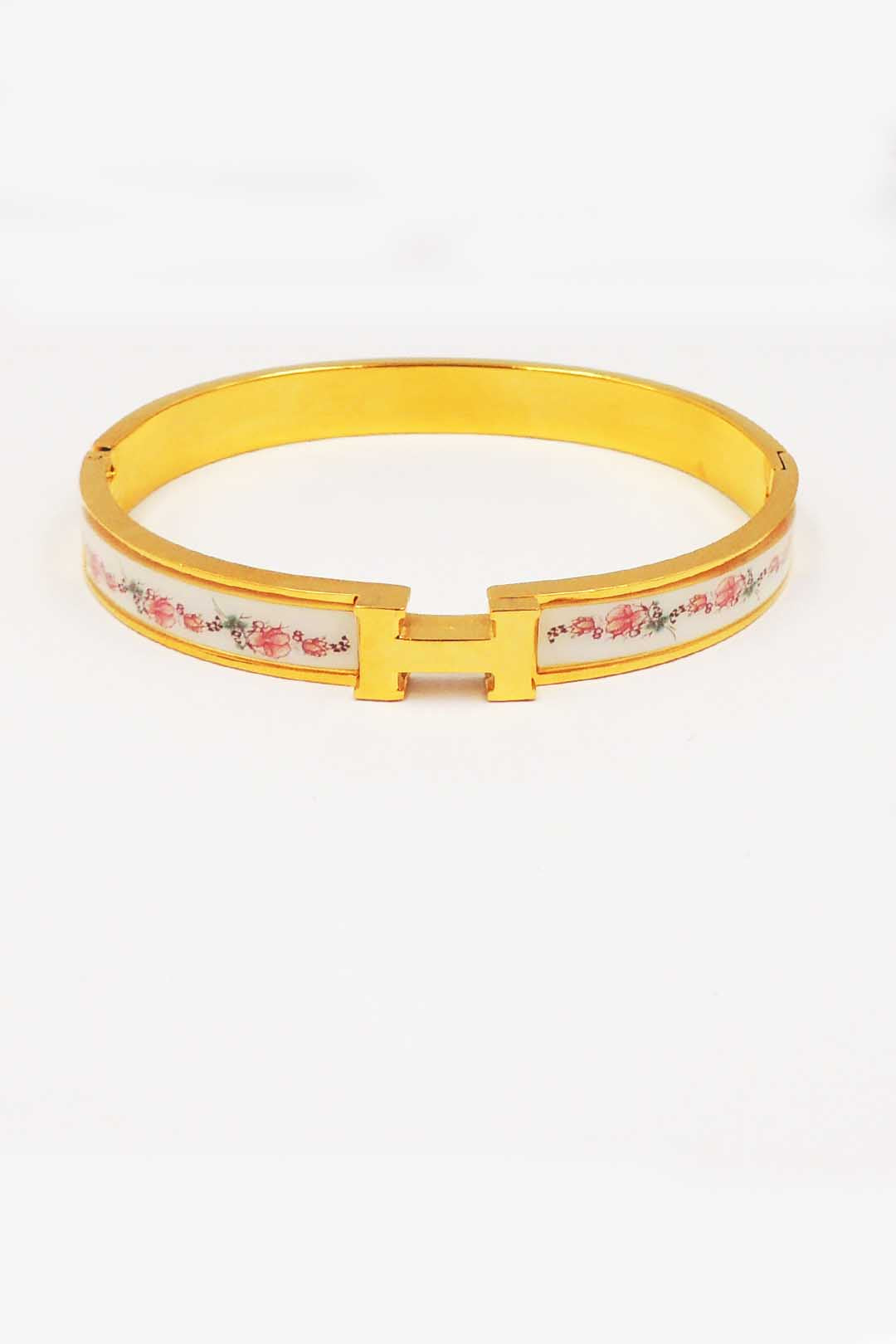H Stainless Steel Hinged Bangle with Pink and White Details Bracelet