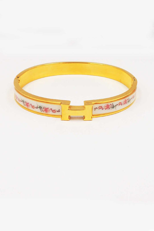 H Stainless Steel Hinged Bangle with Pink and White Details  Bracelet