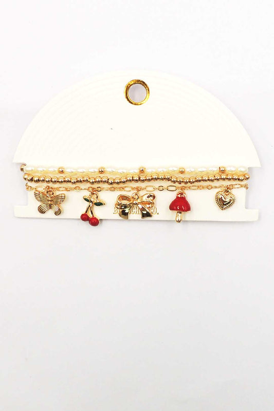 Bow, Cherry, Multi Charm Set of 3 Stretch Bracelets