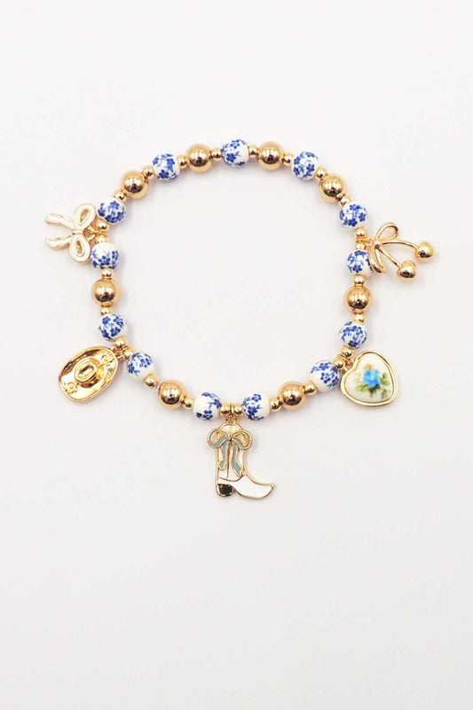 Western Charm with Blue Ceramic Beaded Stretch Bracelet