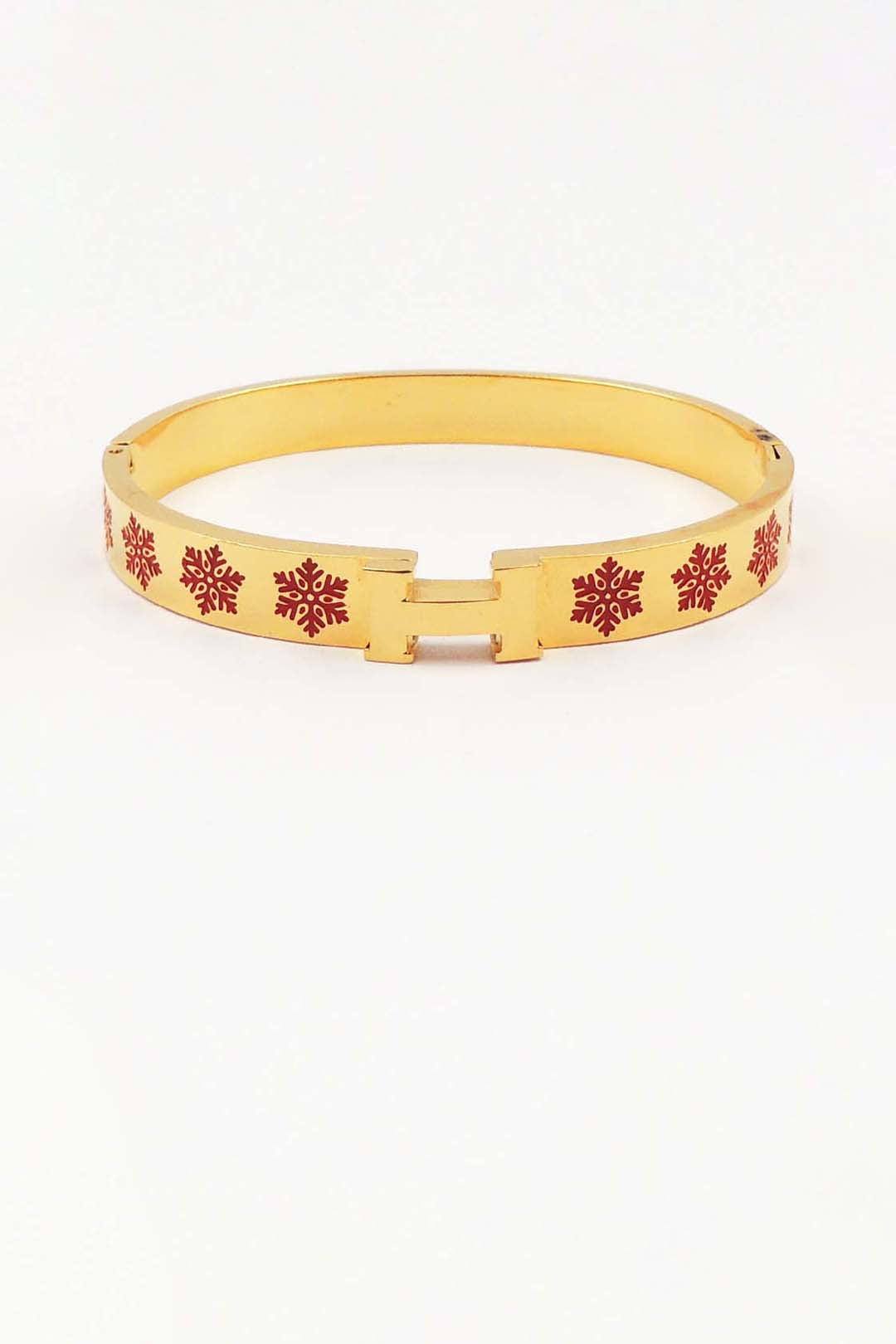 Red Snowflake Printed H Holiday Engraved Stainless Steel Hinged Bangle Bracelet