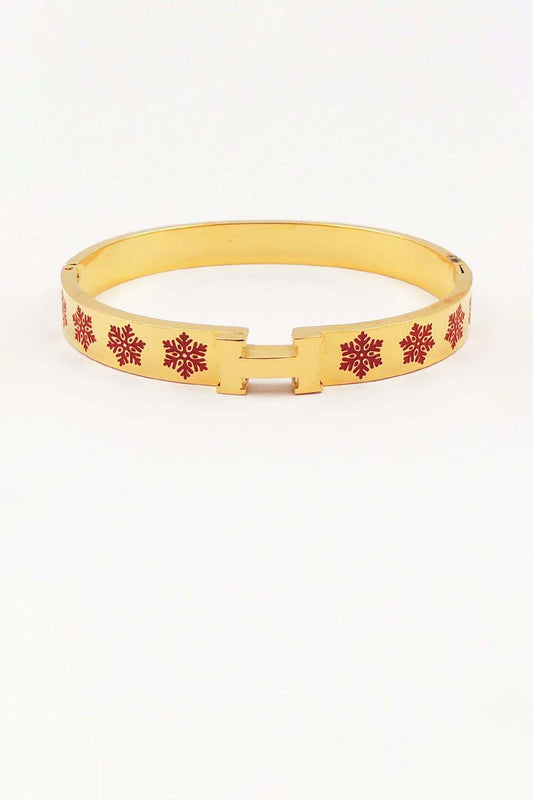 Red Snowflake Printed H Holiday Engraved Stainless Steel Hinged Bangle Bracelet