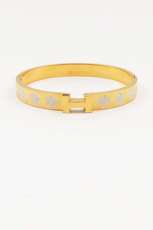White Snowflake Printed H Holiday Engraved Stainless Steel Hinged Bangle Bracelet