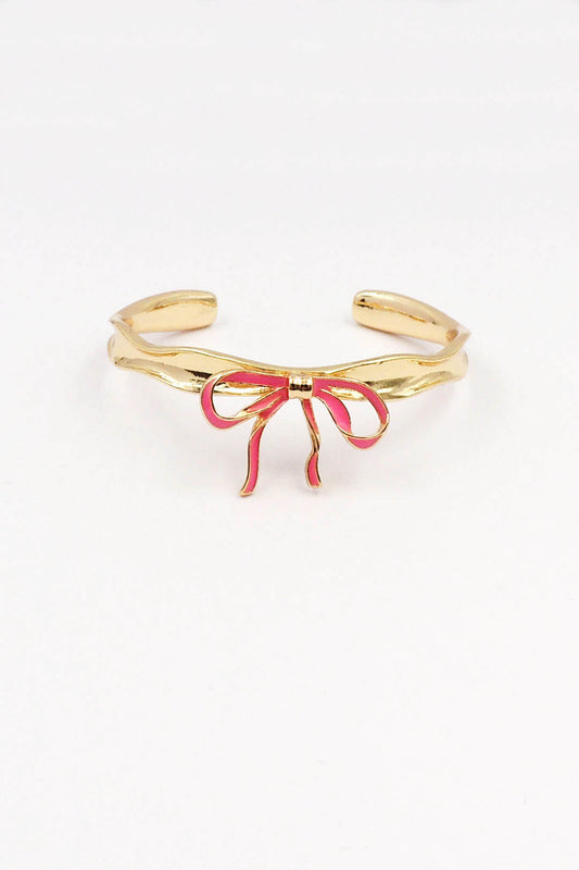Gold Metal Hammered Cuff with Hot Pink Bow
