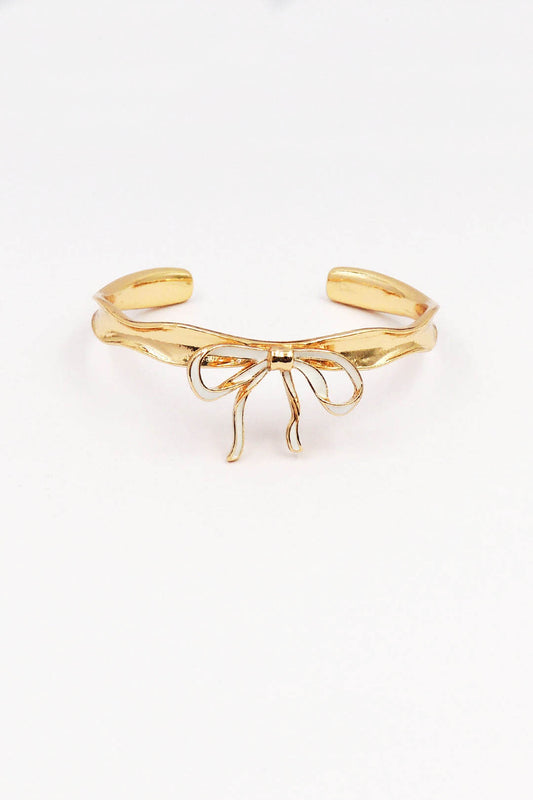 Gold Metal Hammered Cuff with White Bow