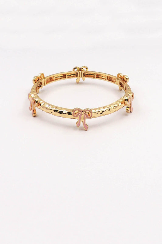 Gold Metal Hammered Stretch Bracelet with Pink Bows