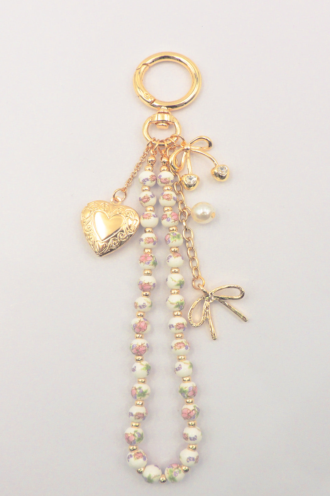 Purse Charm-  Bow, Heart, Cherrys with Pink and White Ceramic Beaded Chain. Very Popular