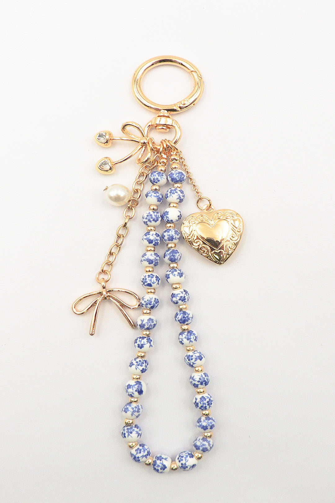 Purse Charm- Bow, Heart, Cherrys with Blue and White Ceramic Beaded Chain. Very Popular